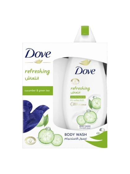 طقم غسول الجسم دوف (Dove) المنعش بالخيار والشاي الأخضر - مع ليفة هدية داخل الصندوق